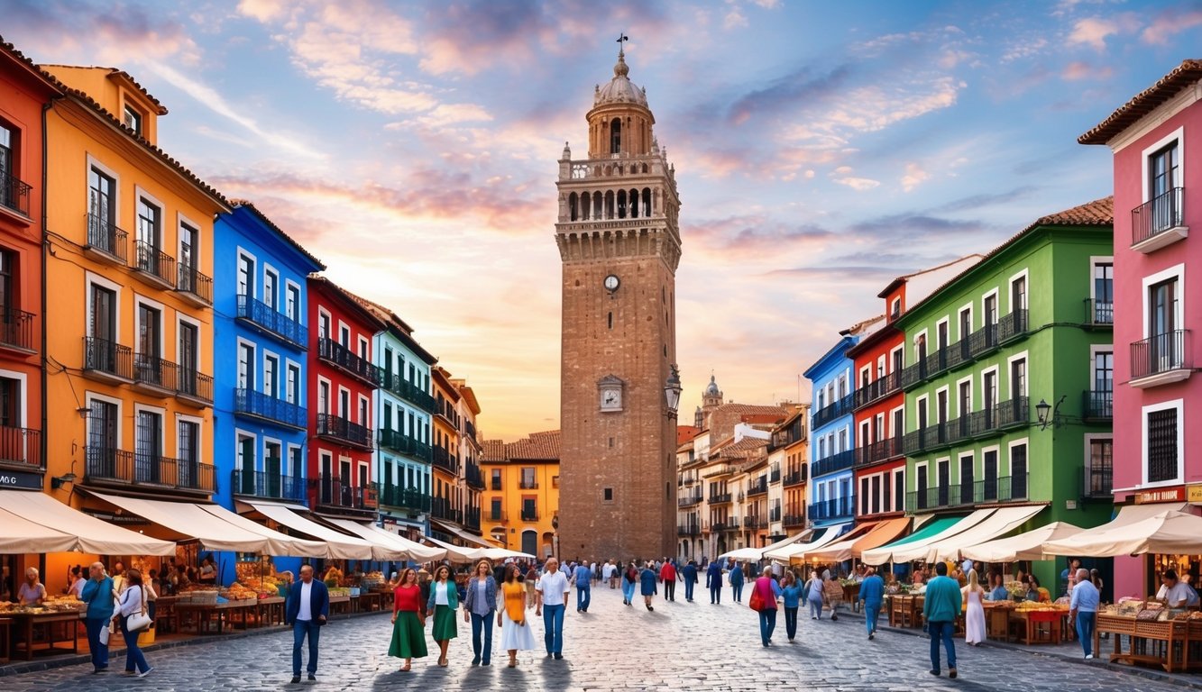 The iconic Giralda tower rises above the historic city center, surrounded by colorful buildings and bustling markets. The sound of flamenco music fills the air as locals and tourists alike explore the vibrant streets