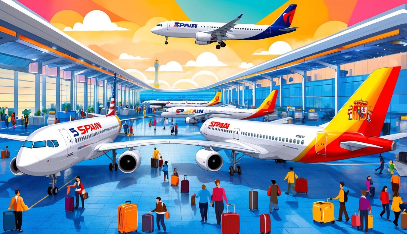 A vibrant airport terminal with planes from the top 5 airlines flying from the USA to Spain, with luggage and travelers bustling about