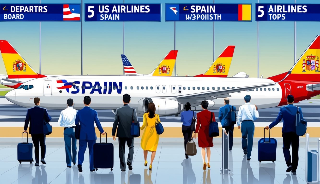 Passengers boarding airplanes with Spanish flags on tails. Airport departure board showing top 5 US airlines to Spain