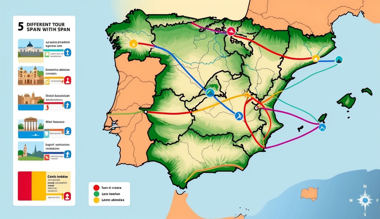 A map of Spain with five different tour routes marked by colorful lines and icons representing landmarks and attractions