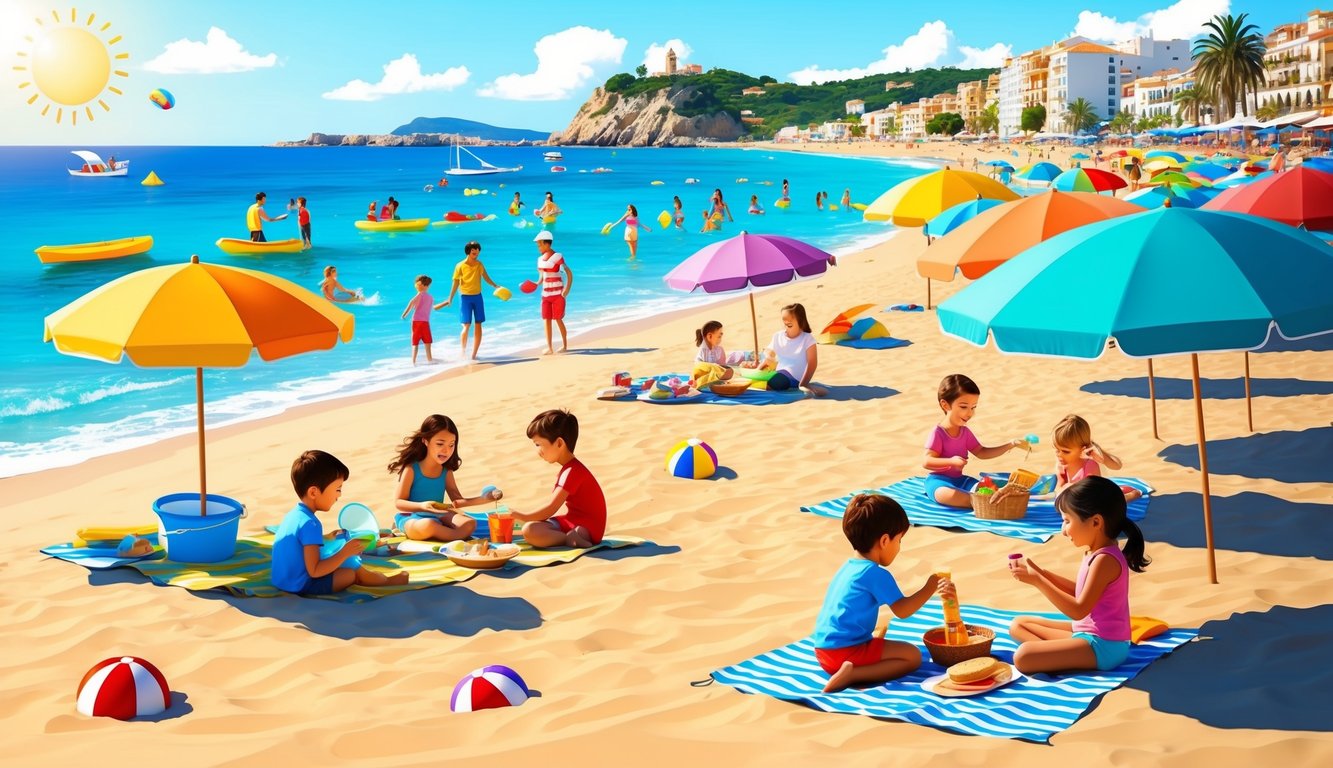 A sunny beach with colorful umbrellas, children playing in the sand, and families enjoying picnics and water activities along the coast in Spain