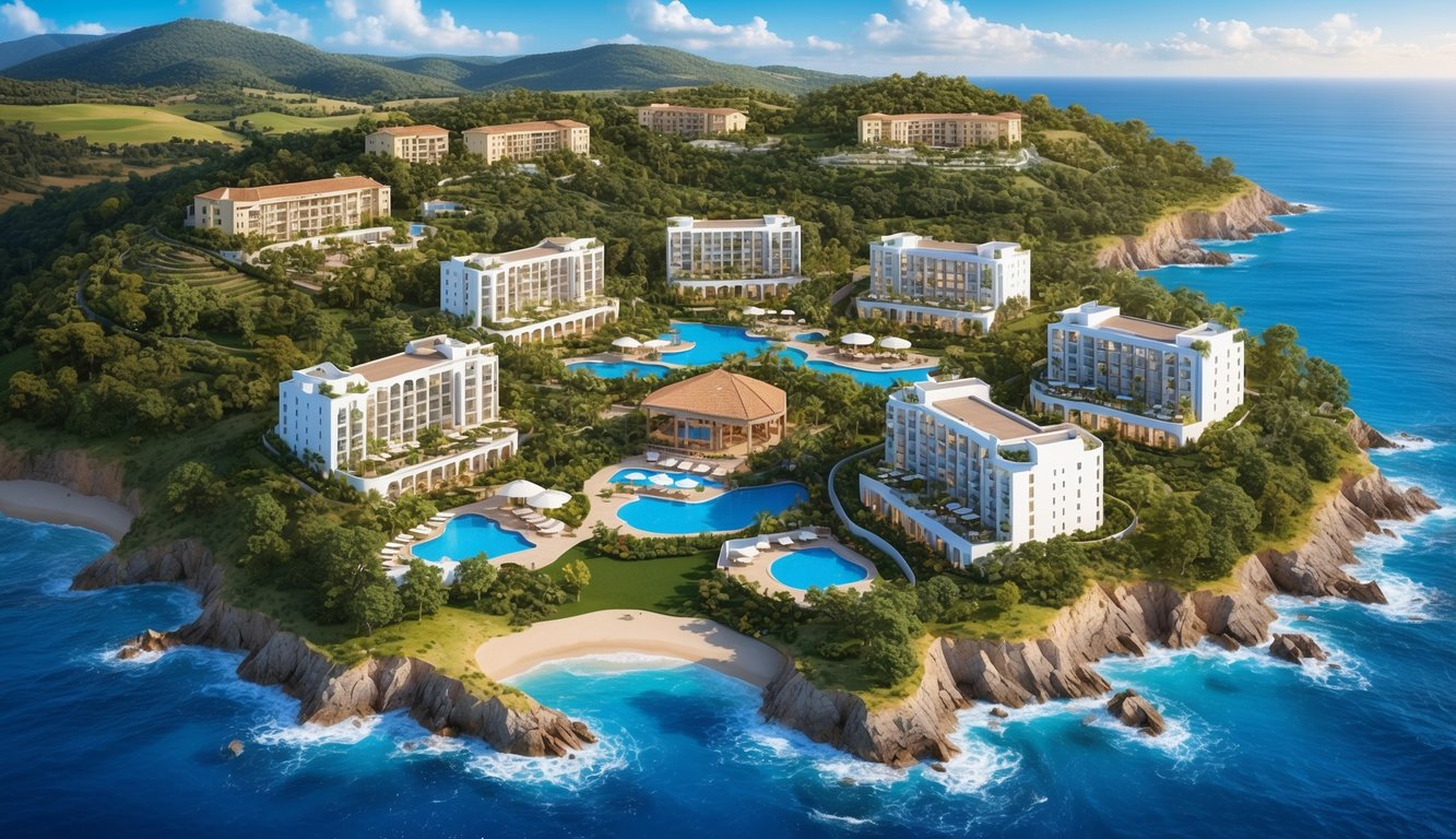 A scenic view of 8 luxurious resorts nestled in the Spanish countryside, surrounded by lush greenery and overlooking the sparkling blue Mediterranean Sea
