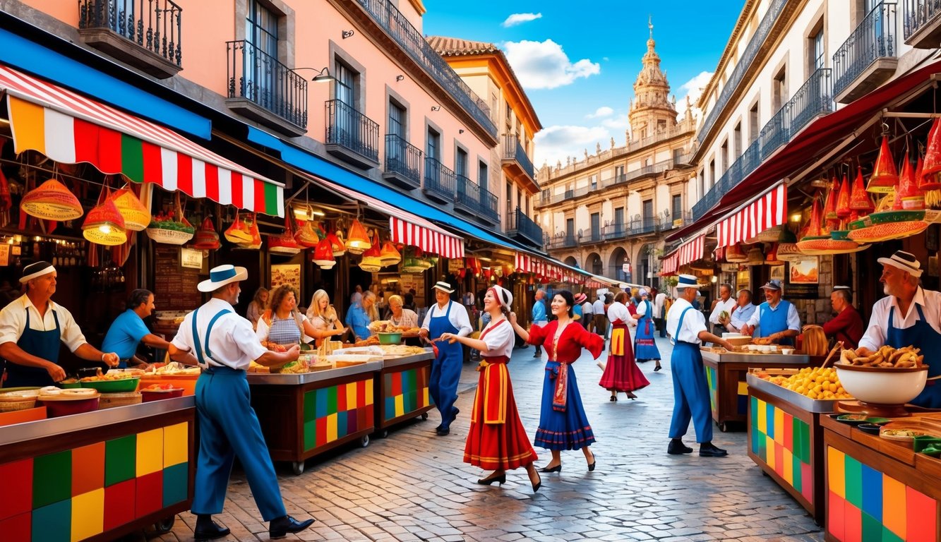 A bustling marketplace in Spain, with colorful stalls, lively music, and people enjoying traditional food and dance