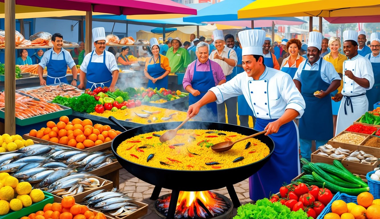 A bustling outdoor market with colorful stalls selling fresh seafood, vibrant vegetables, and aromatic spices. A chef expertly stirs a giant paella pan over an open flame, surrounded by eager onlookers