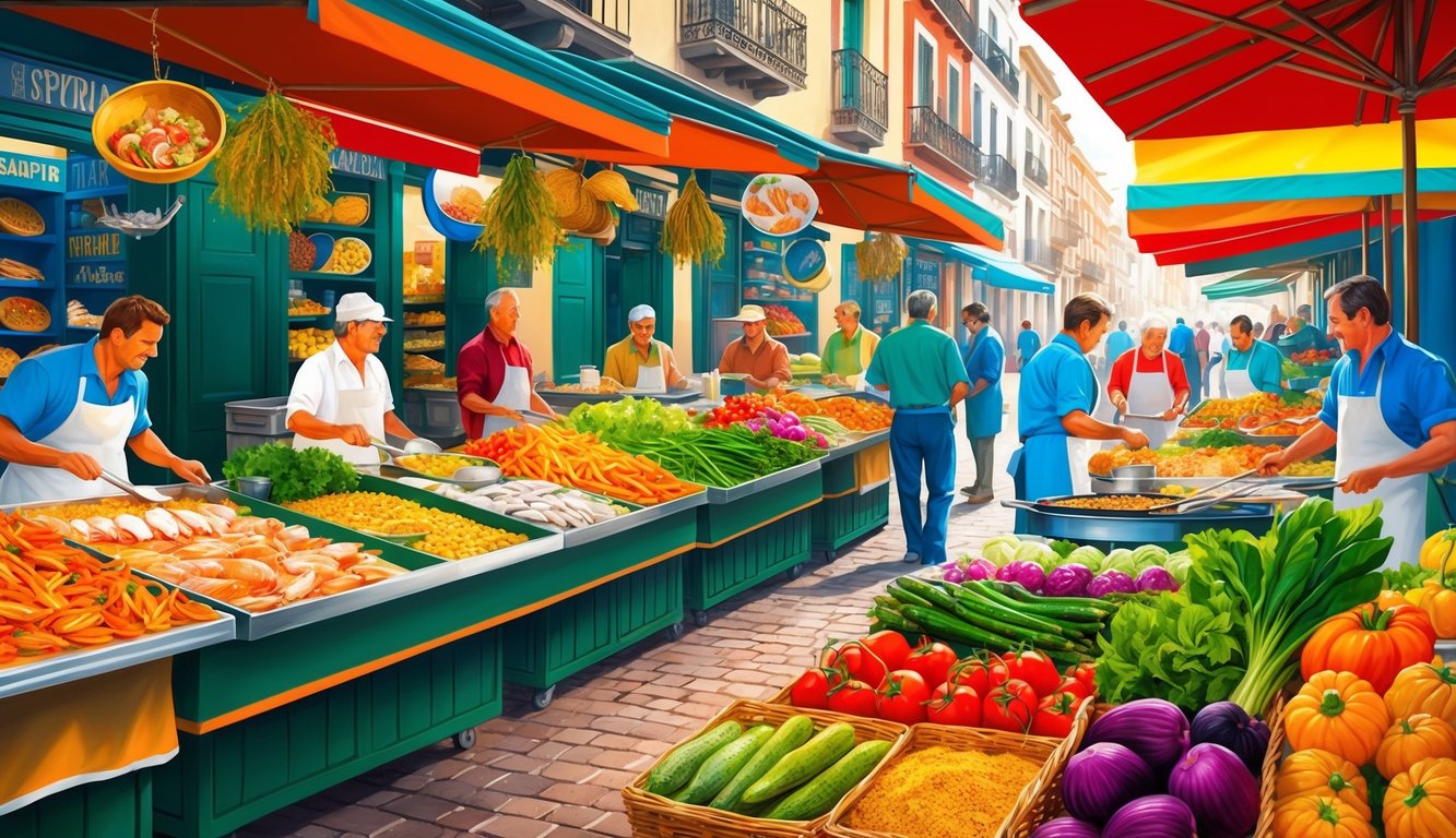 A bustling Spanish marketplace with colorful stalls selling fresh seafood, vibrant vegetables, and aromatic spices. The scent of sizzling paella fills the air