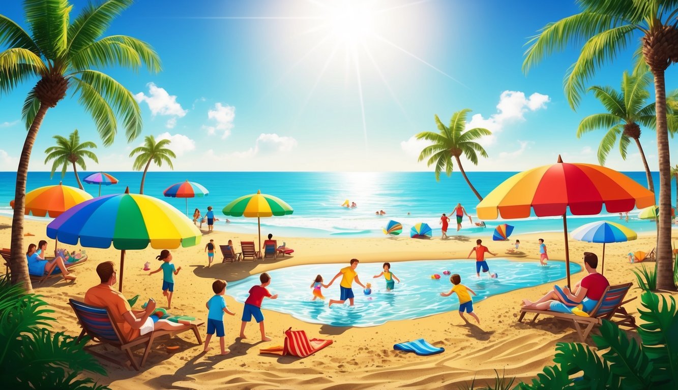 A sunny beach with colorful umbrellas and families playing in the sand and water, surrounded by palm trees and clear blue skies