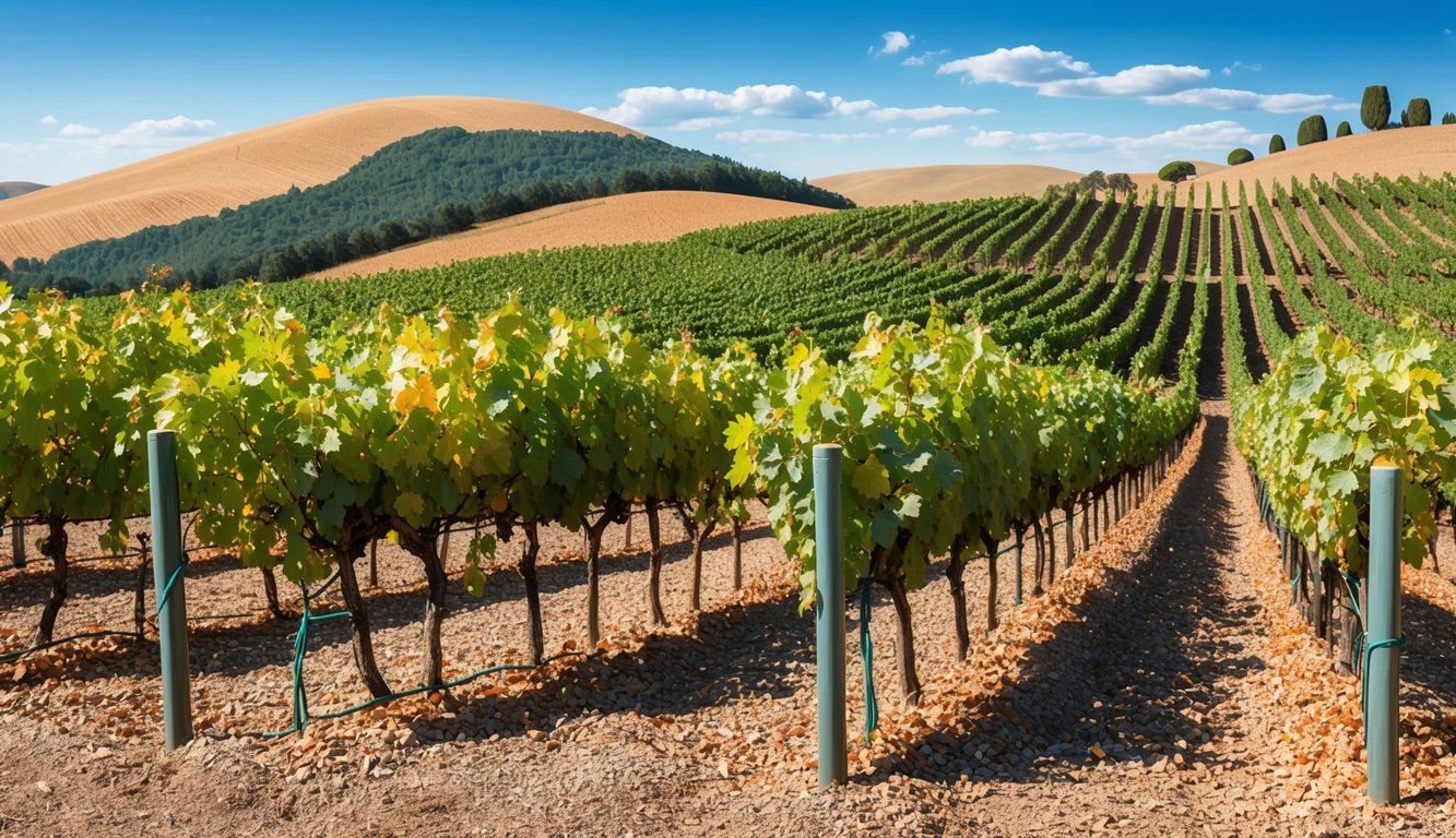 A vineyard in Spain with rows of grapevines bearing unique varieties, surrounded by rolling hills and a clear blue sky