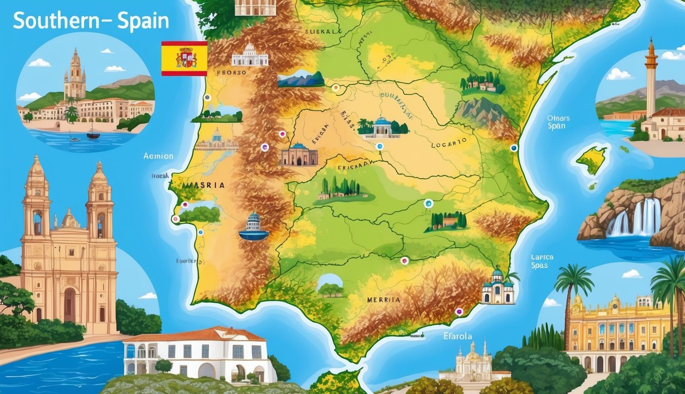 A colorful map of Southern Spain with marked locations, surrounded by iconic landmarks and natural scenery
