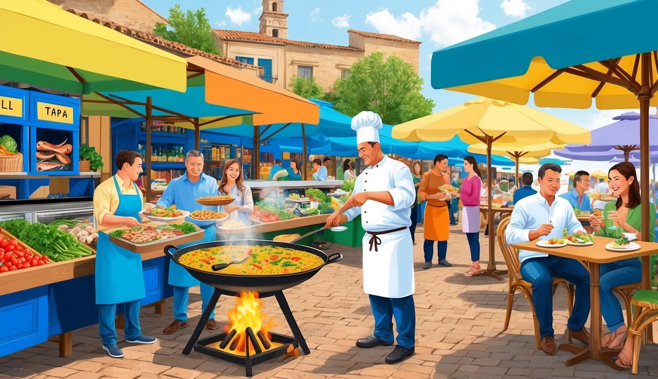 A bustling outdoor market with colorful stalls selling fresh produce, seafood, and local delicacies. A chef cooks paella over an open flame while customers sample tapas at nearby outdoor tables