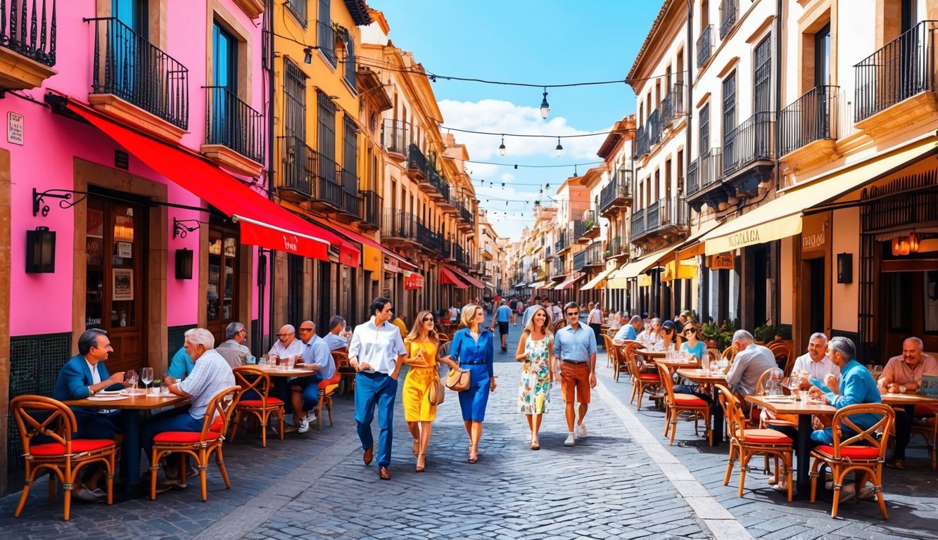 A bustling street in Valencia, Spain, lined with vibrant restaurants and outdoor seating, with locals and tourists enjoying the lively atmosphere