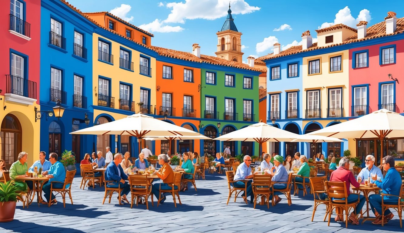 A bustling Spanish town square with colorful buildings and outdoor cafes, filled with English-speaking expats socializing and enjoying the sunny weather