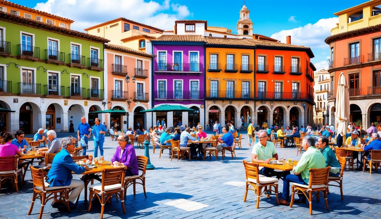 A bustling town square in Spain with colorful buildings, outdoor cafes, and a mix of locals and expats conversing in English