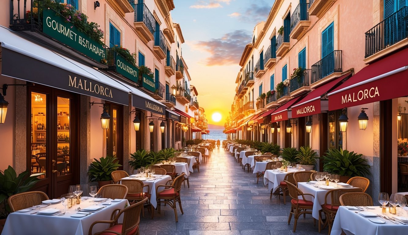 A bustling street in Mallorca, Spain, lined with elegant gourmet restaurants, each adorned with inviting outdoor seating and vibrant signage. The sun sets, casting a warm glow over the scene