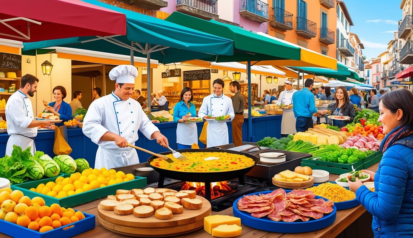 A bustling outdoor market with colorful stalls selling fresh produce, local cheeses, and cured meats. A chef prepares paella over an open flame while tourists sample tapas at nearby cafes