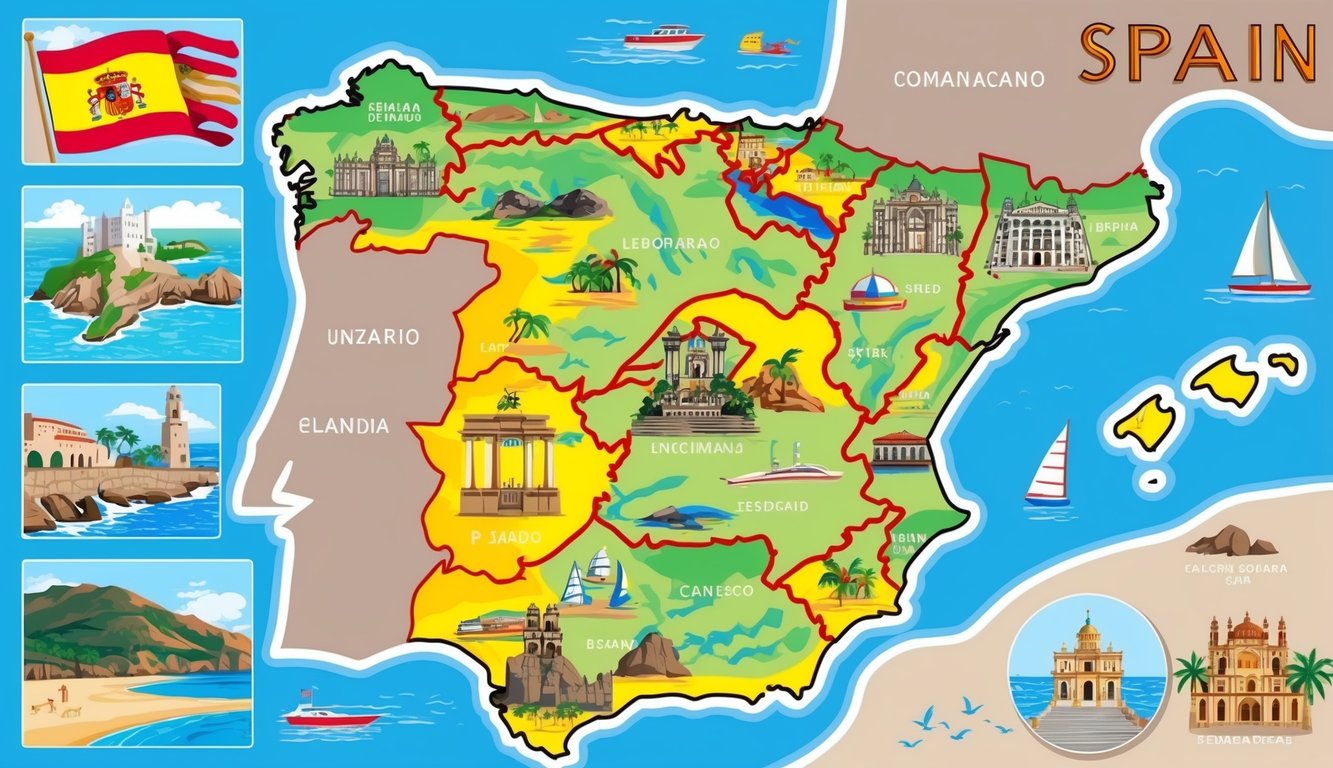 A colorful map of Spain with iconic landmarks and beach destinations