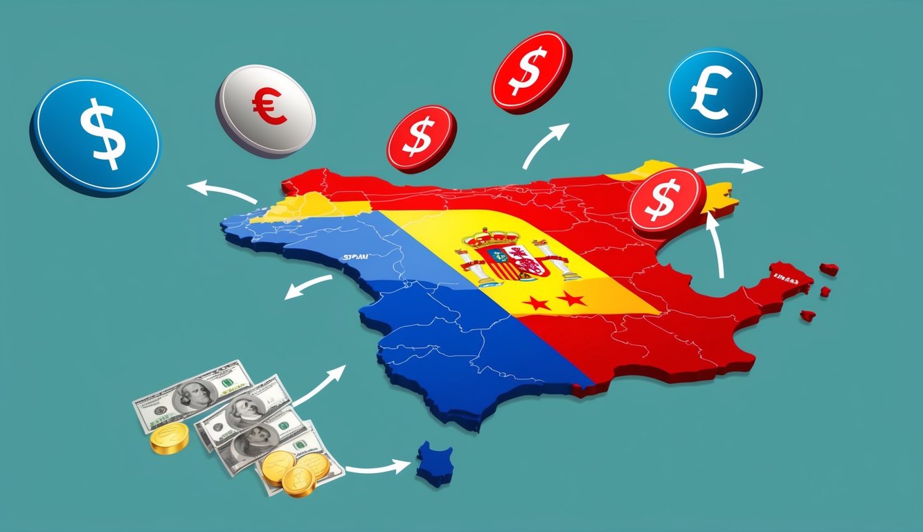 A map of Spain with various currency symbols floating above it, while arrows indicate the efficient ways to send money