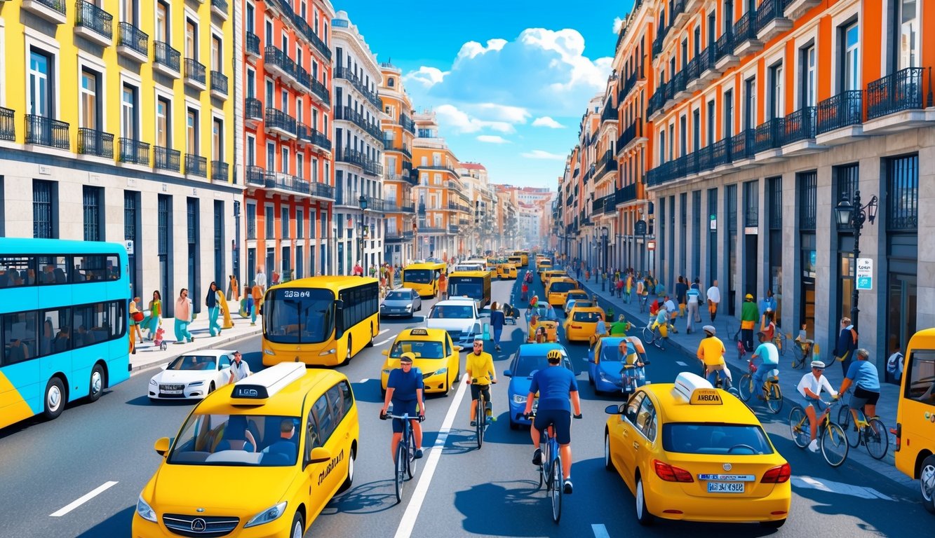 A bustling street in Madrid, lined with colorful buildings, outdoor cafes, and bustling with people. Buses and taxis navigate the narrow streets, while cyclists and pedestrians weave through the traffic