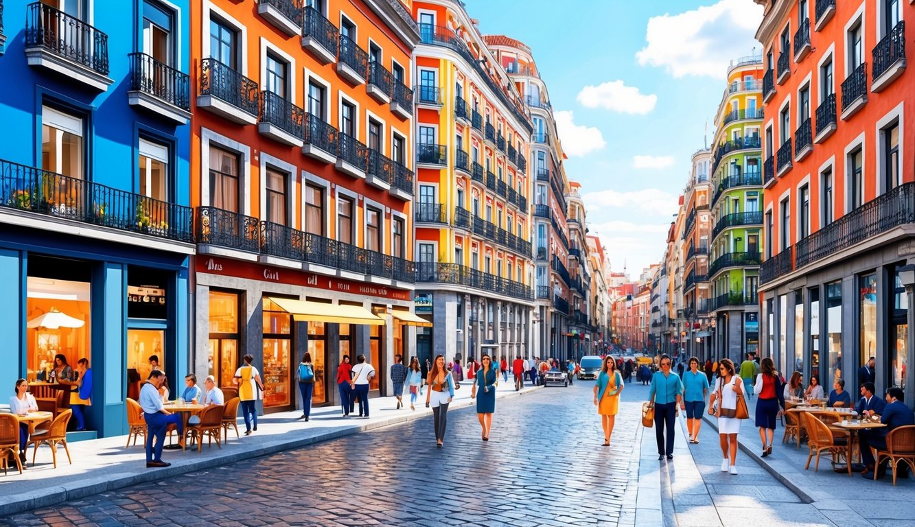 A bustling Madrid street with colorful buildings and a mix of traditional and modern architecture. Tourists and locals wander past cafes and shops