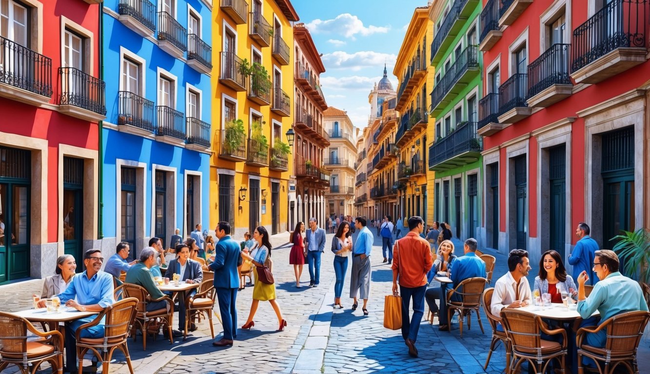 A bustling street in Spain with colorful buildings, outdoor cafes, and people from different cultures interacting and enjoying the vibrant atmosphere