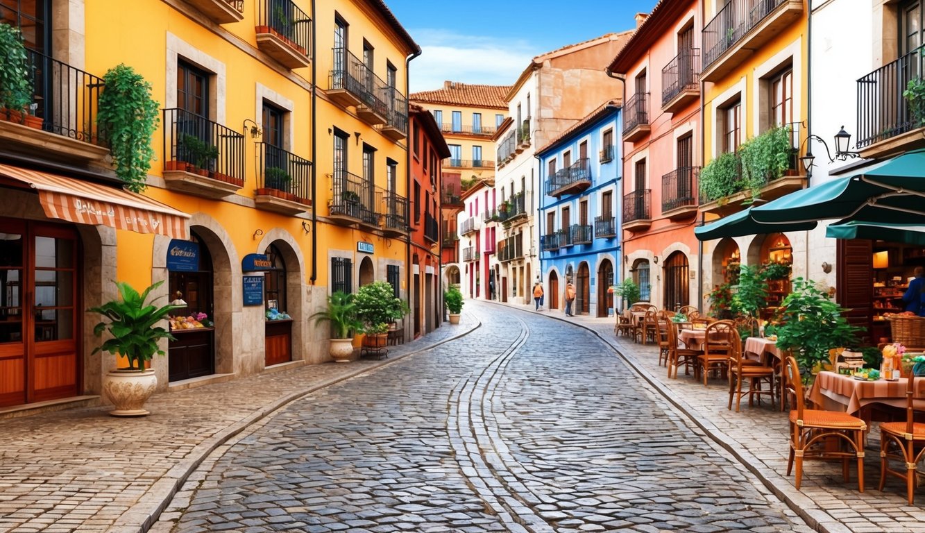 A cobblestone street winds through a picturesque Spanish town, lined with colorful buildings and bustling with local markets and lively cafes