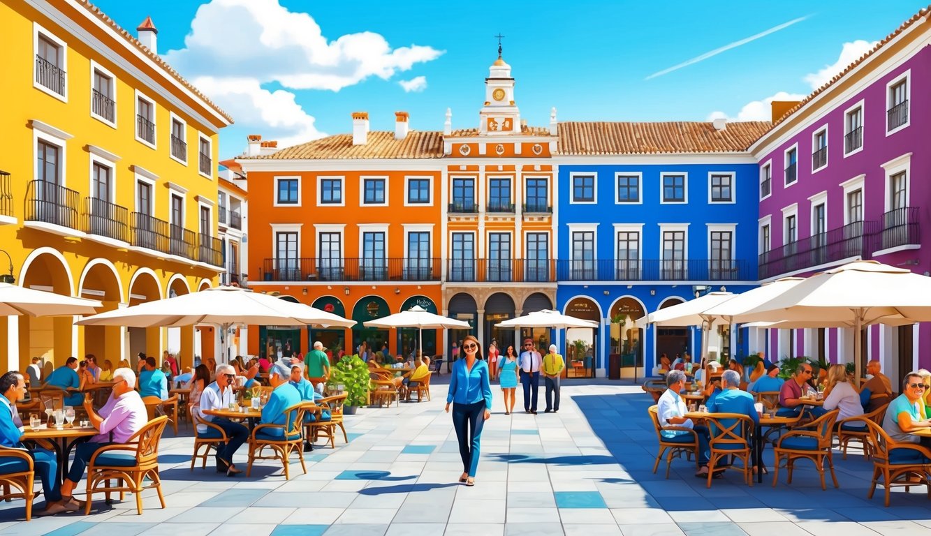 A sunny plaza in Spain with colorful buildings, outdoor cafes, and a mix of locals and expats enjoying the lively atmosphere