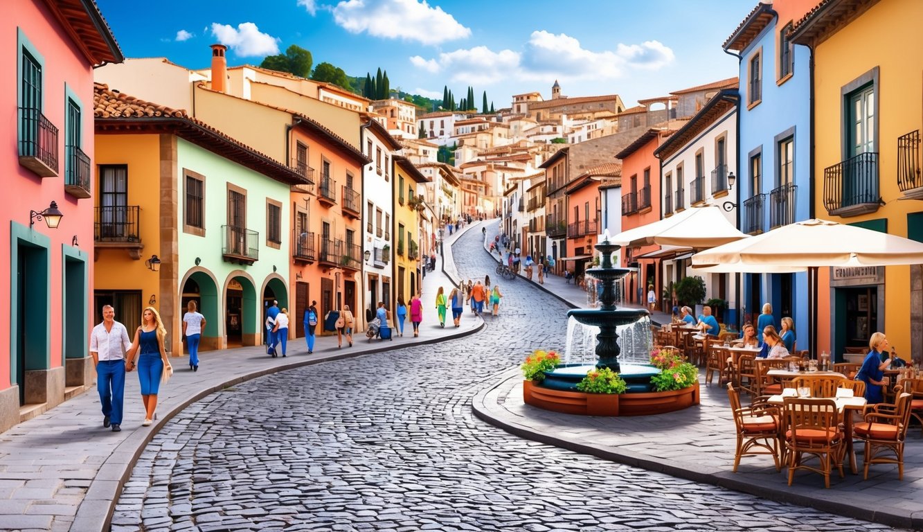 A cobblestone street winds through a picturesque Spanish town, lined with colorful buildings and bustling with locals and tourists. A quaint town square features a charming fountain and outdoor cafes