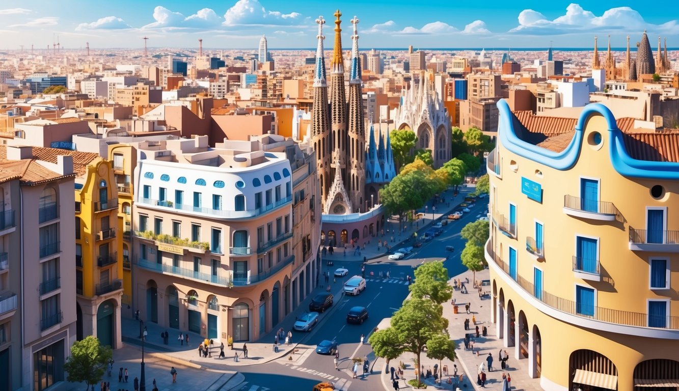 A bustling cityscape of Barcelona with colorful buildings, narrow streets, and iconic landmarks like Sagrada Familia and Park Guell