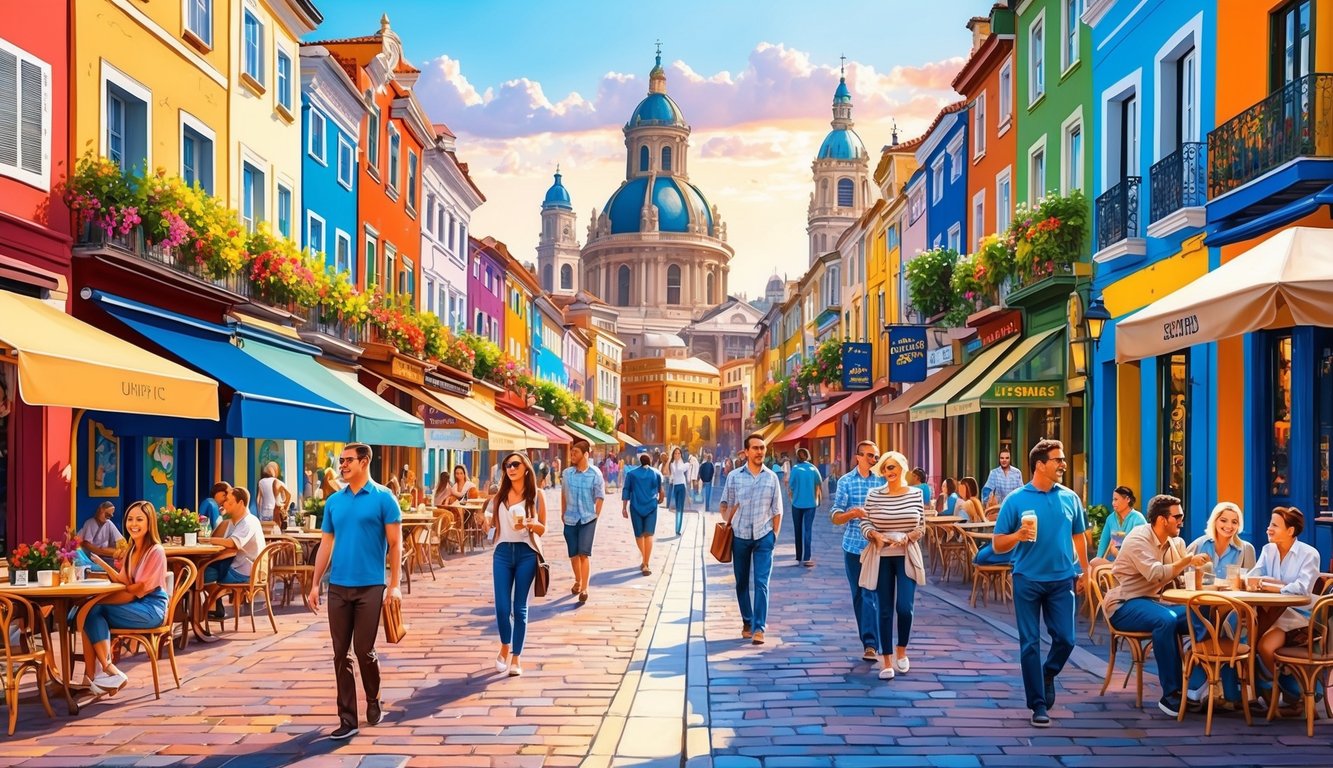 Colorful streets lined with cafes, shops, and vibrant murals. People strolling, chatting, and enjoying the local atmosphere. Iconic architecture and historic landmarks dot the bustling neighborhoods