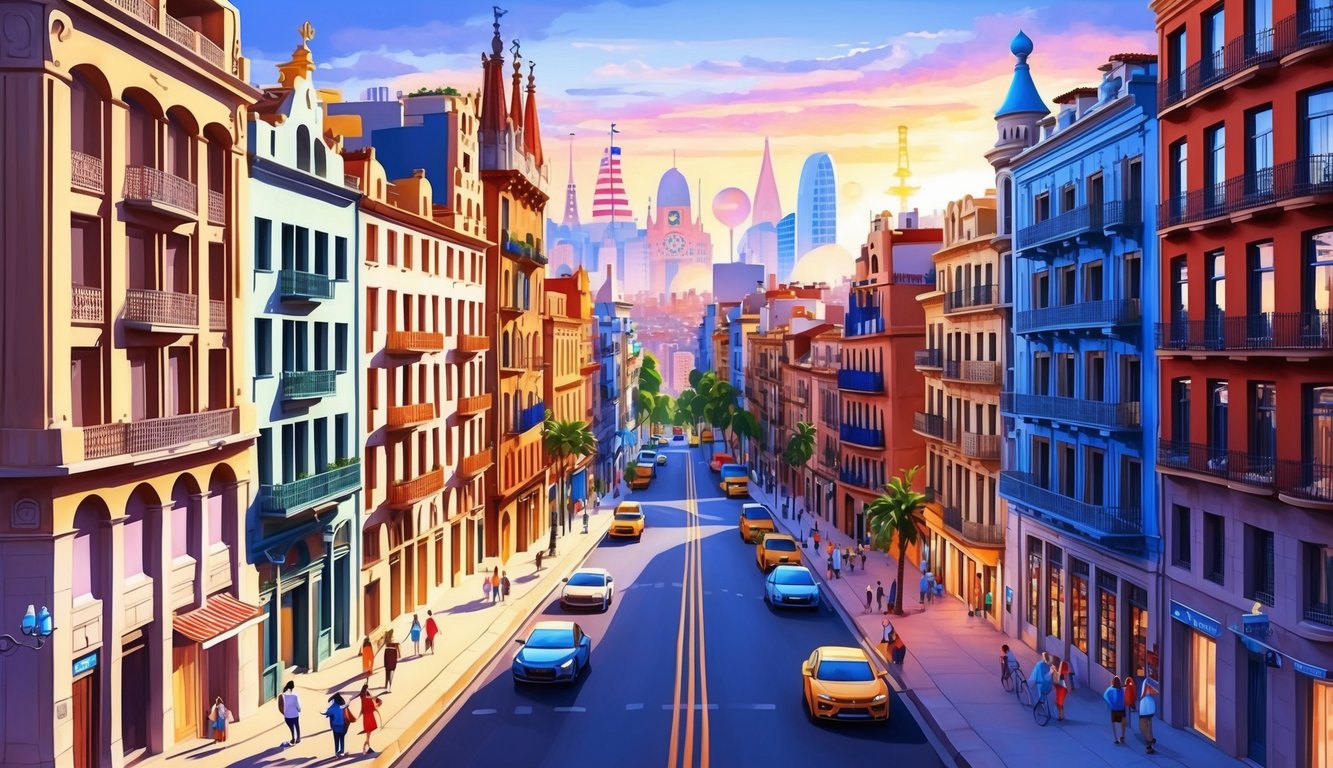 A bustling cityscape with iconic Barcelona architecture, including colorful buildings and lively streets in the 5 best neighborhoods
