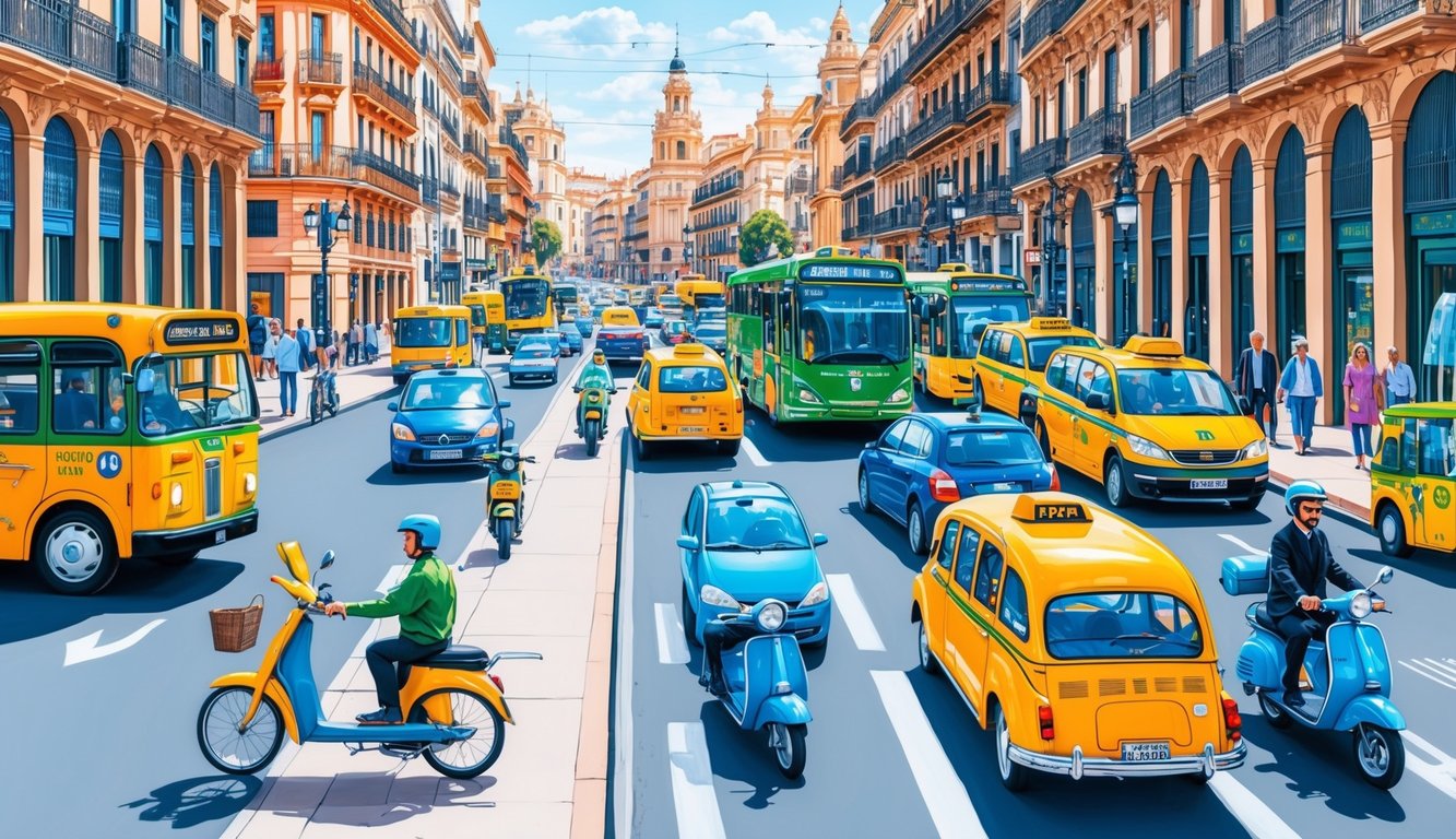 A bustling Spanish street with various modes of transportation such as buses, taxis, bicycles, scooters, and pedestrians. The scene is filled with vibrant colors and architectural details unique to Spain