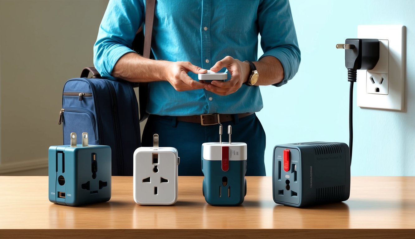 A traveler unpacks three different types of travel adapters on a table, with a power outlet in the background