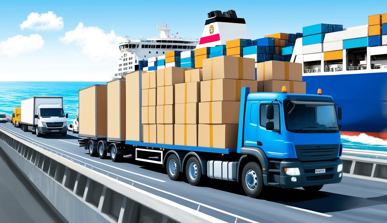 A moving truck loaded with boxes and furniture drives onto a ferry, bound for Spain from the UK. Other removal companies' vehicles are seen in the background
