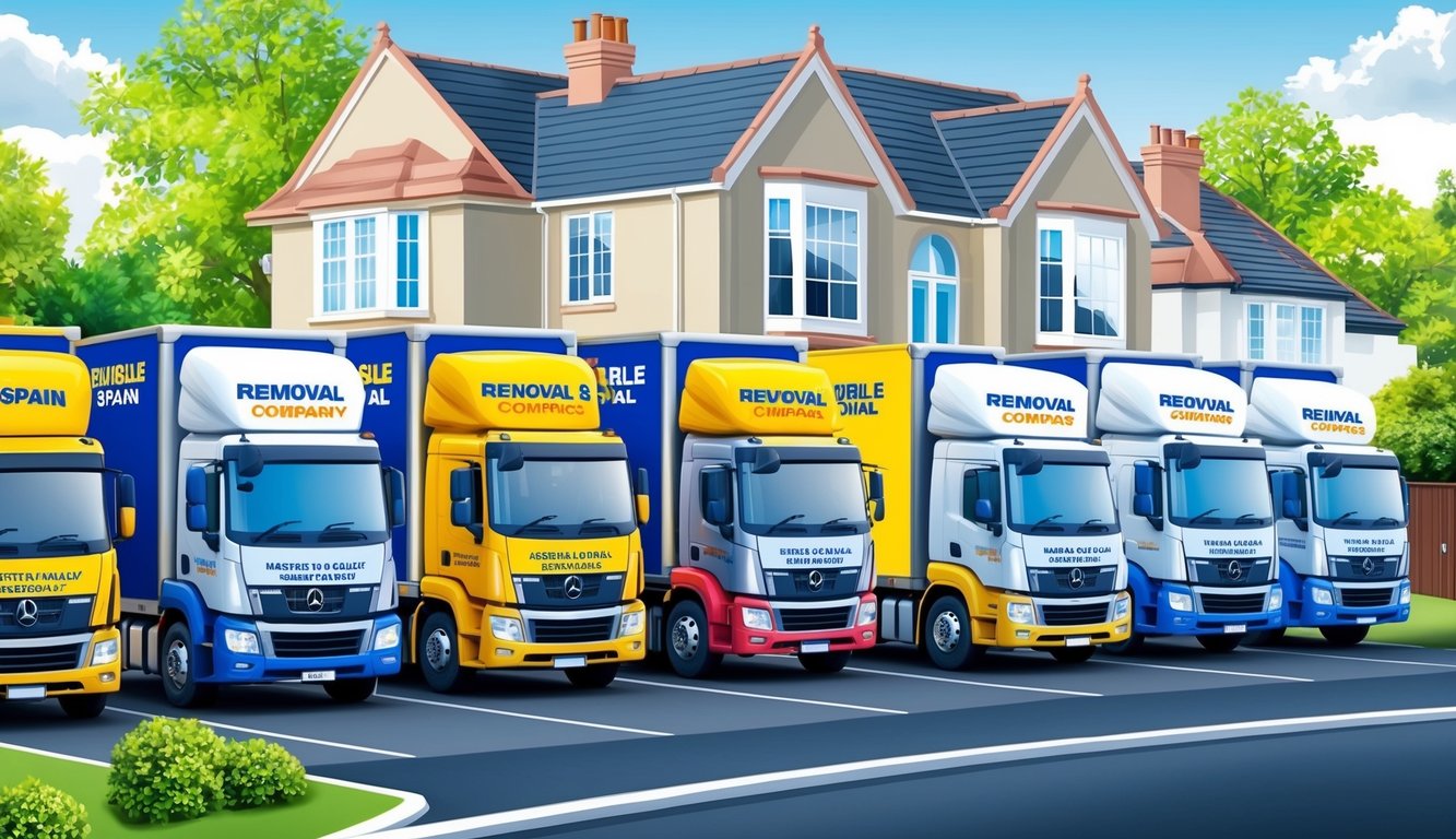 A group of removal trucks lined up outside a house in the UK, ready to transport belongings to Spain. The trucks are labeled with the names of the reliable removal companies