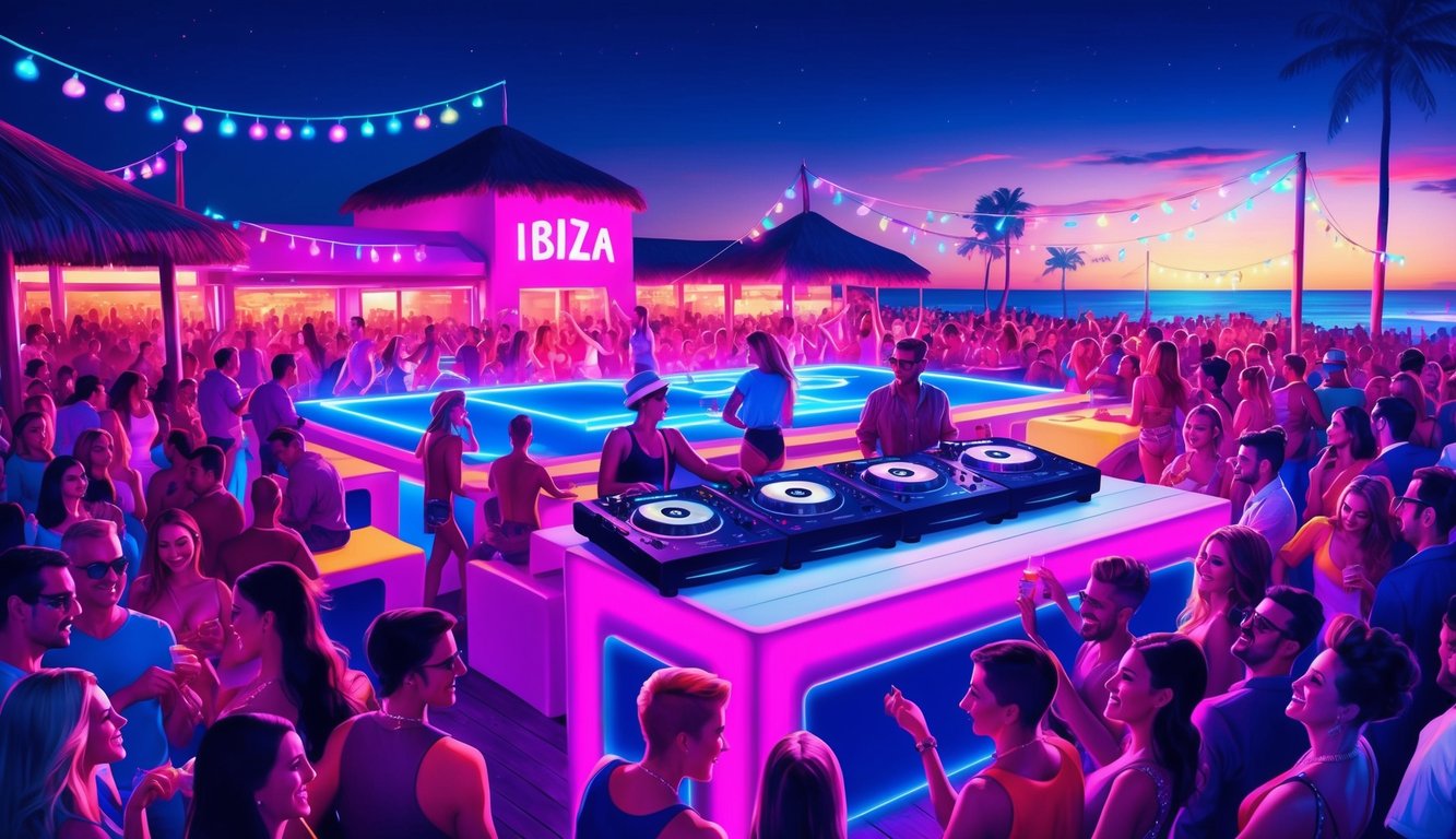 A vibrant Ibiza beach club at dusk, with neon lights illuminating the dance floor and a DJ playing music to a lively crowd