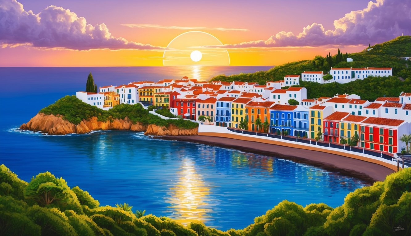 The sun setting over a picturesque Spanish island, with colorful traditional buildings lining the coast, and lush greenery covering the landscape