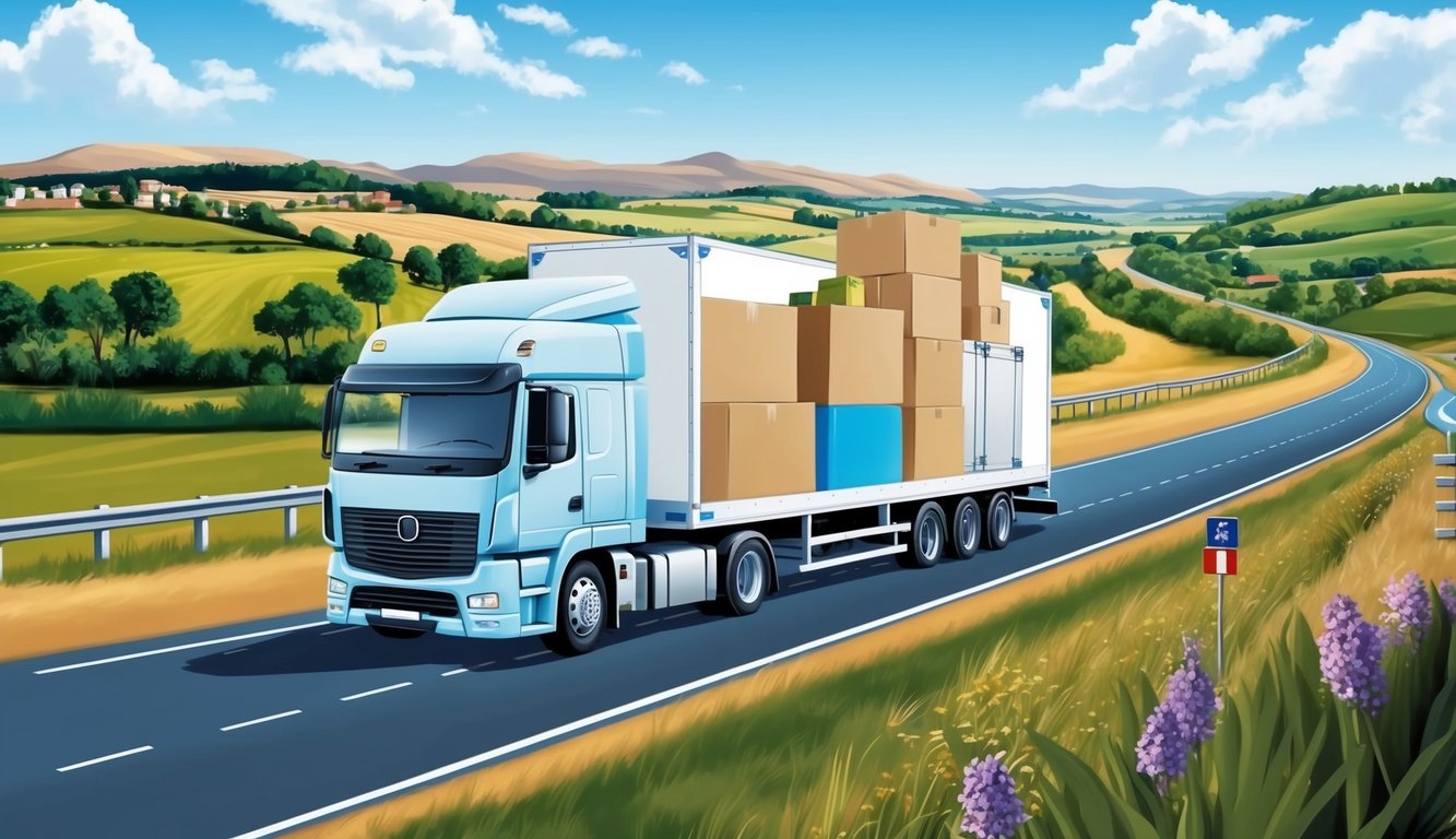 A moving truck loaded with household items travels from the UK to Spain, passing through scenic countryside and crossing borders