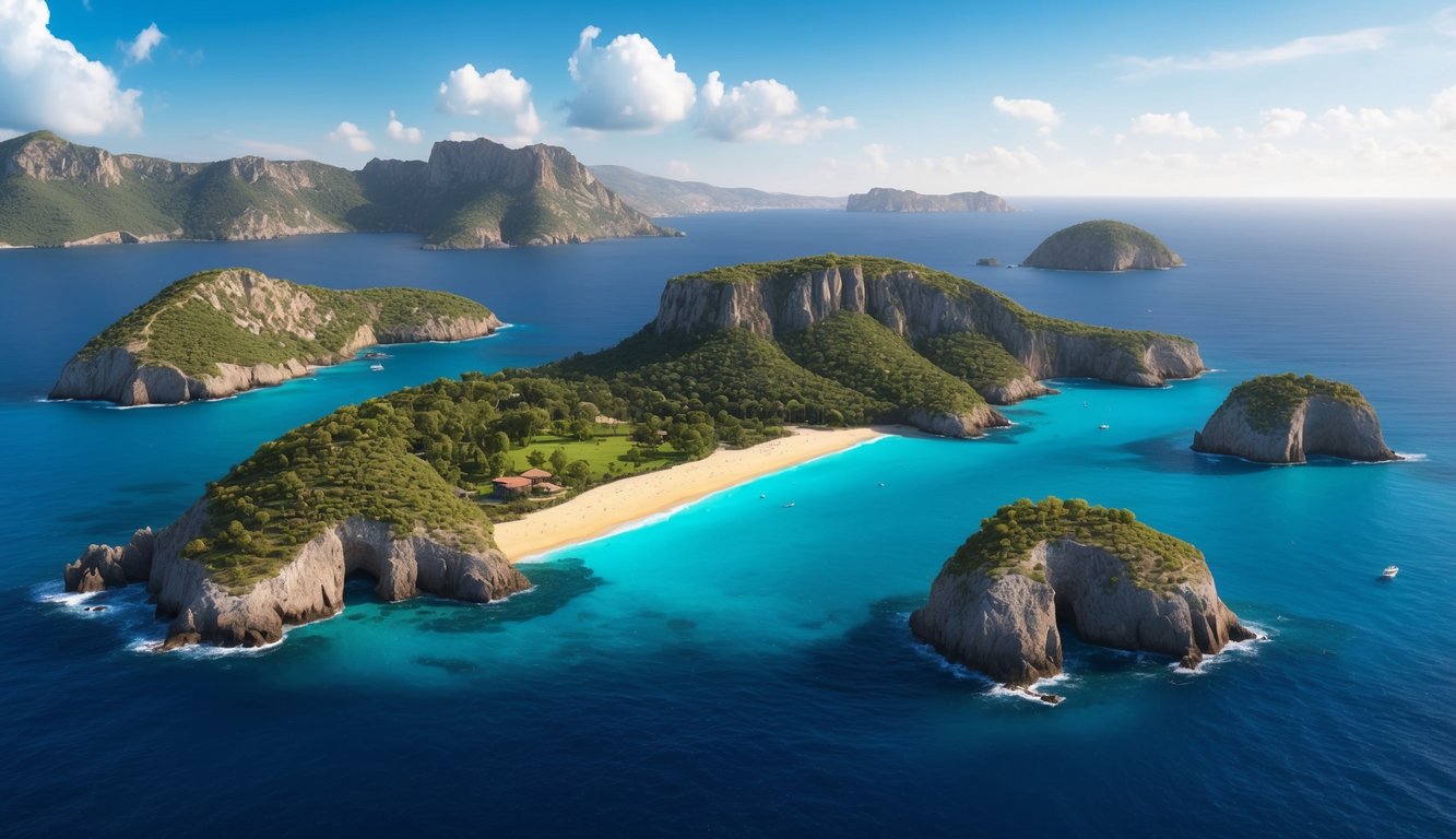 Aerial view of 5 Spanish islands with diverse landscapes, including lush greenery, rocky cliffs, sandy beaches, and clear blue waters