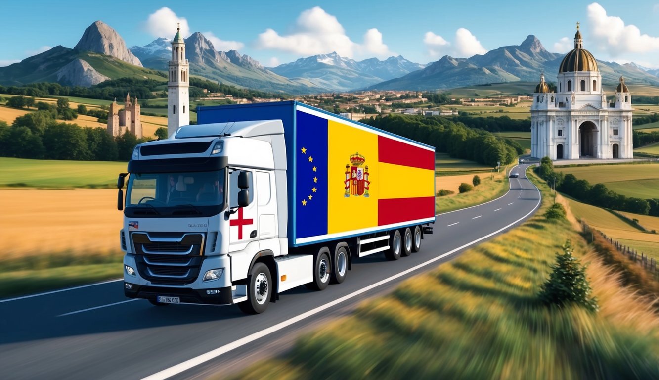 A moving truck with UK and Spanish flags drives through a scenic European countryside, passing by iconic landmarks and mountains