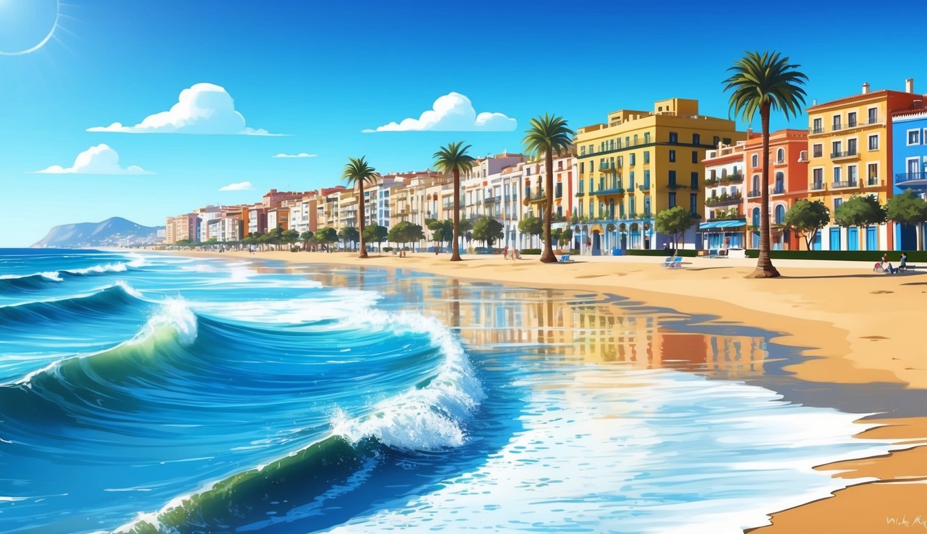 A sunny beach in Malaga with clear blue skies and gentle waves crashing against the shore, surrounded by palm trees and colorful buildings