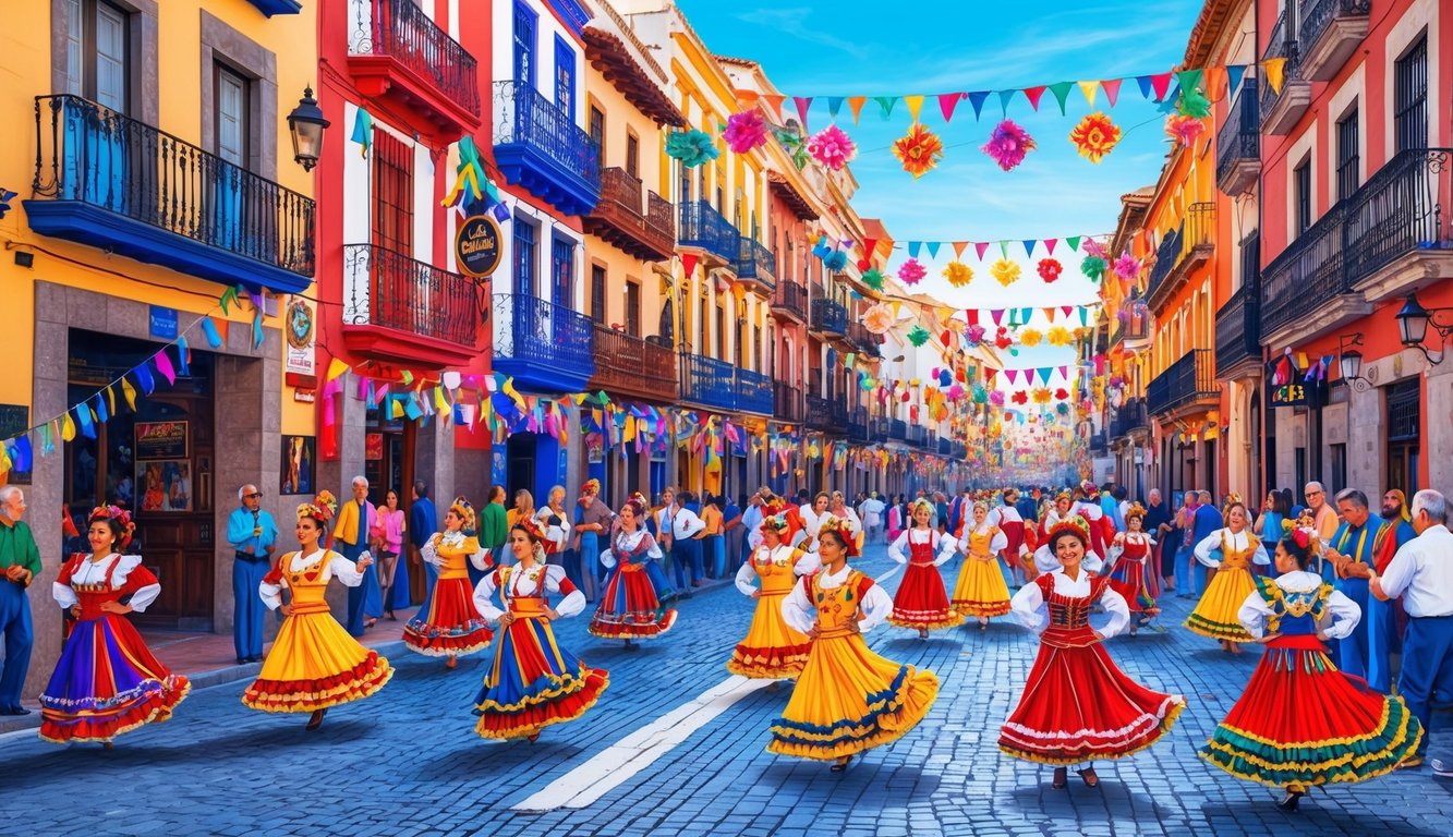 A vibrant street festival in Malaga, Spain, with colorful decorations, live music, and traditional dance performances