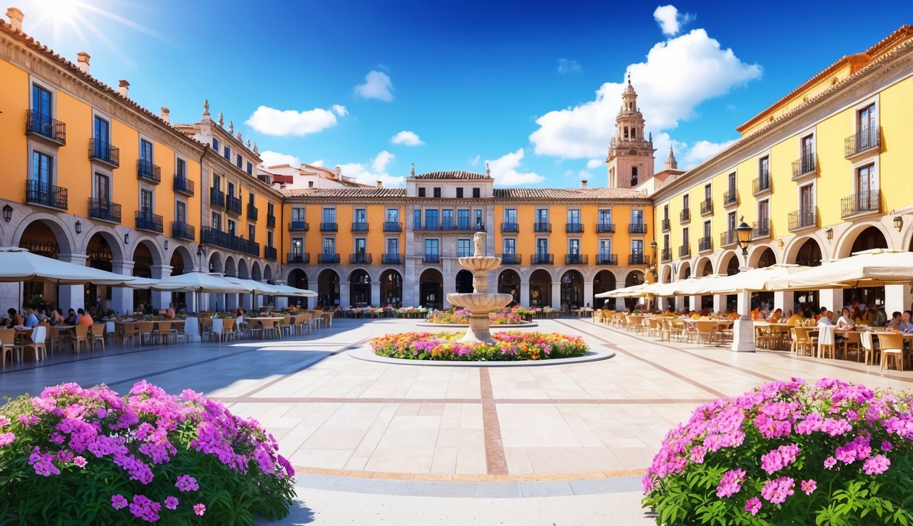A sunny plaza in Malaga, Spain, with a clear blue sky and vibrant flowers in bloom, surrounded by historic buildings and bustling cafes