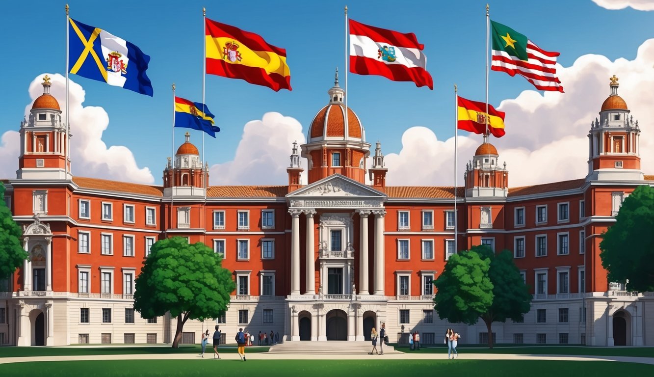 A group of iconic Spanish university buildings with international flags flying high