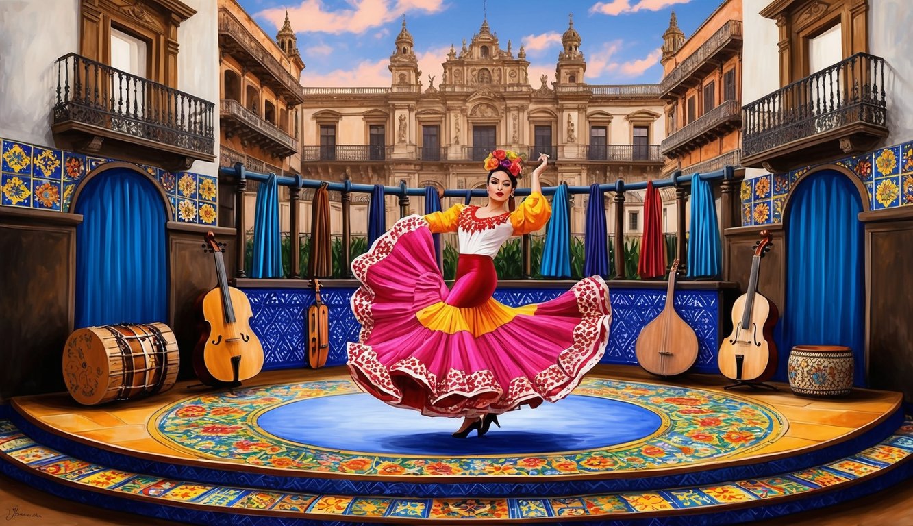 A vibrant flamenco dancer performs on a stage adorned with colorful Spanish tiles, surrounded by traditional instruments and a backdrop of historic architecture
