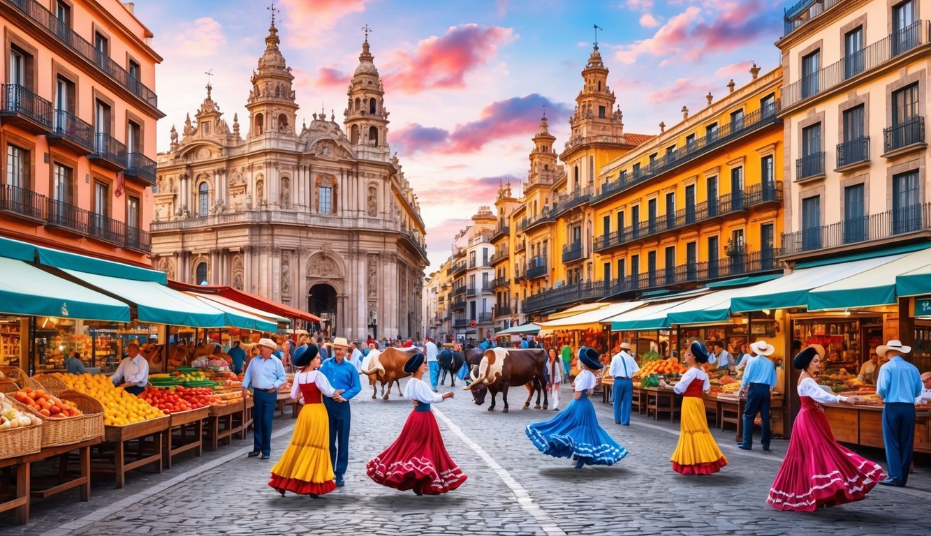 A vibrant street scene in Spain featuring iconic architecture, bustling markets, flamenco dancers, and traditional bullfighting