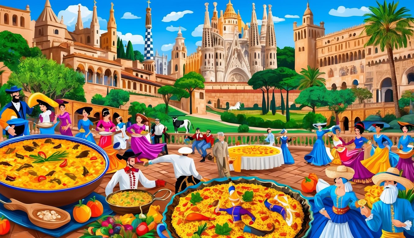 A vibrant scene of iconic Spanish landmarks and cultural symbols, including flamenco dancers, bullfighters, paella, and famous architecture like the Sagrada Familia and Alhambra