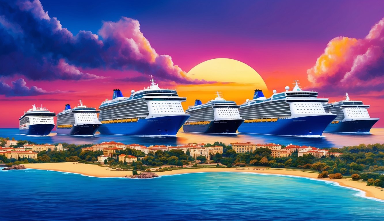 A vibrant Spanish coastline with six luxurious cruise ships sailing against a picturesque sunset backdrop