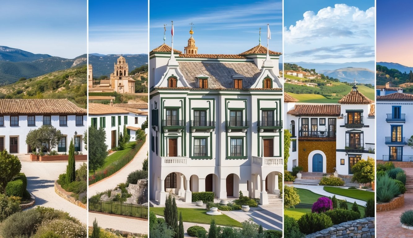 A row of seven historic Paradores in Spain, each with unique architectural features, nestled amidst picturesque landscapes