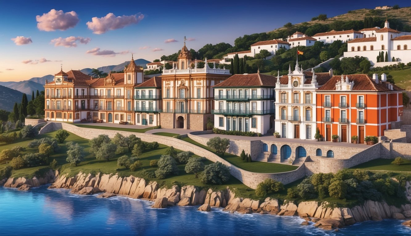 A row of historic paradores in Spain, each with unique architecture, nestled among scenic landscapes