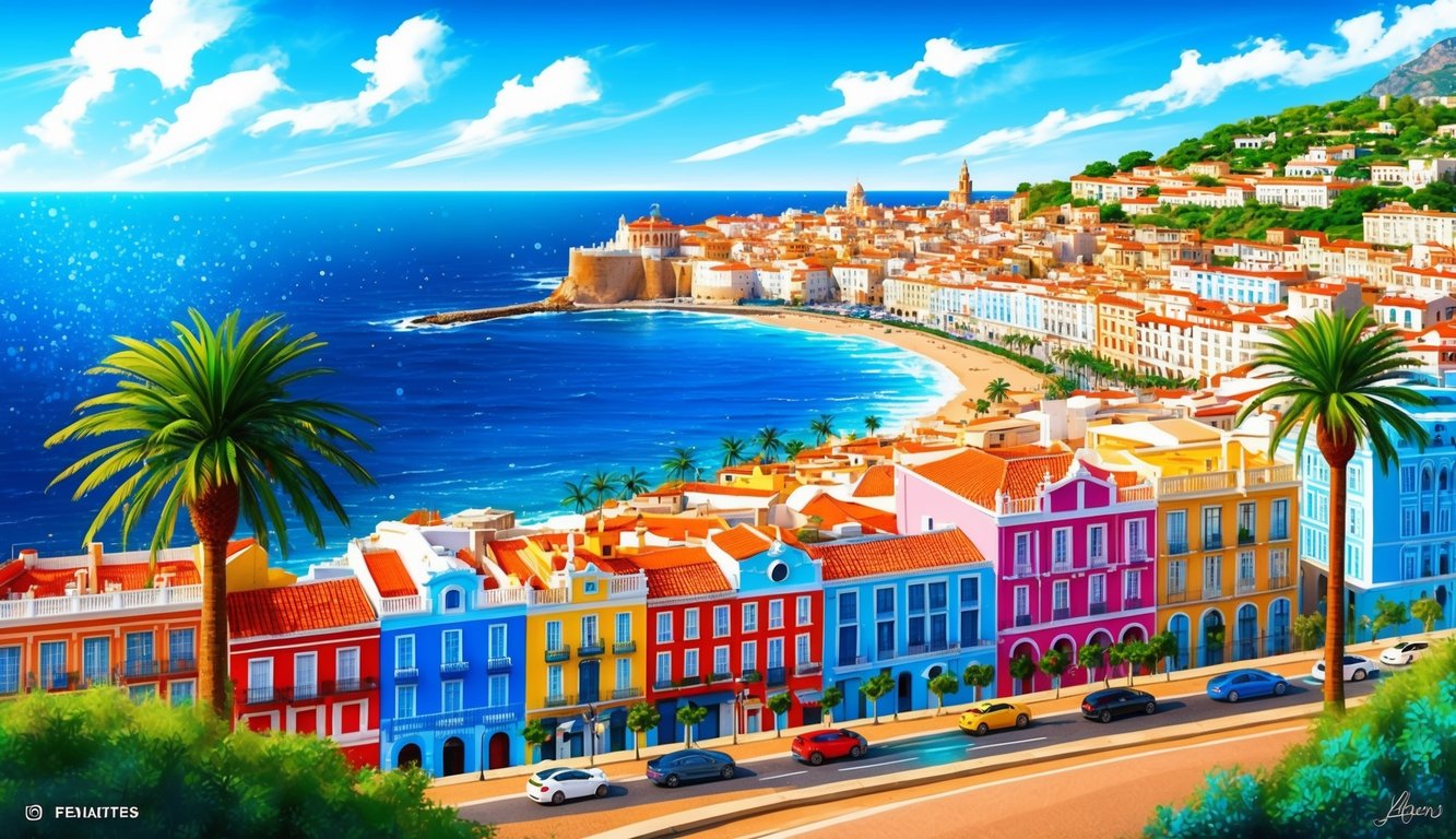 A coastal landscape with vibrant Spanish cities, featuring colorful buildings, palm trees, and a sparkling blue sea