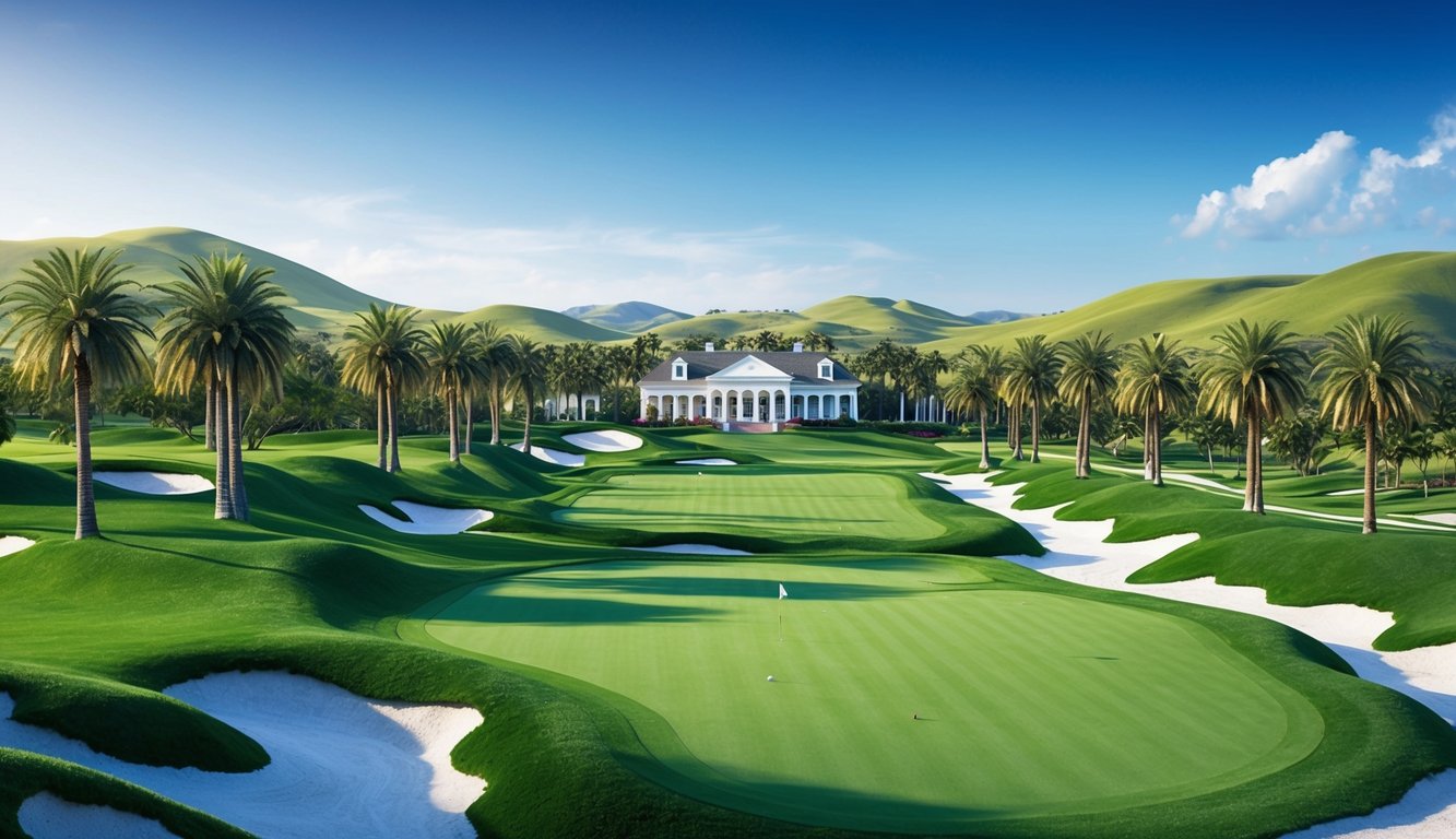 Lush green fairways lined with palm trees, surrounded by rolling hills and a clear blue sky. Elegant clubhouses and pristine putting greens dot the landscape